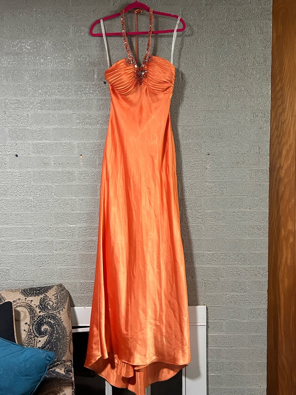 Vintage 2000s Orange Beaded Strapless Halter Prom Dress With Rhinestones